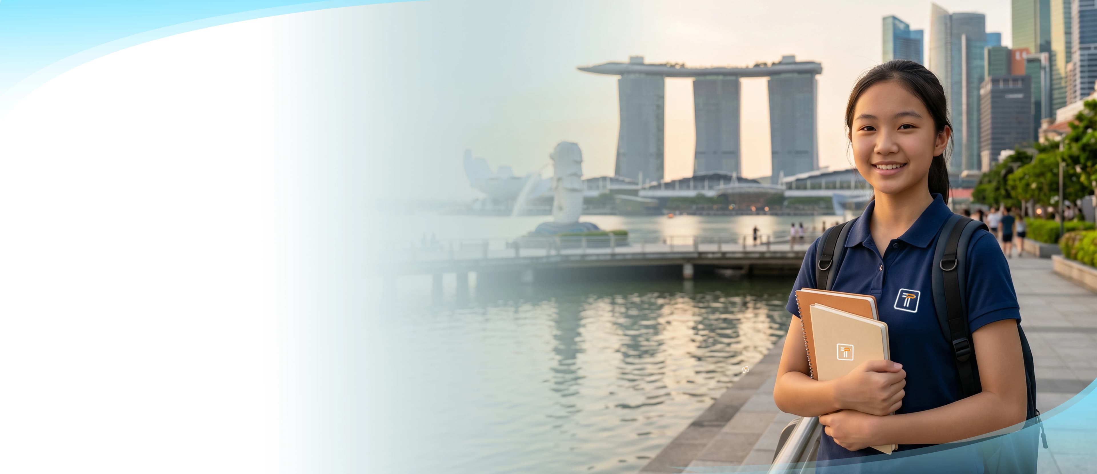 Smiling female student with books and a backpack standing at Marina Bay in front of the Merlion and Marina Bay Sands, representing education in Singapore.
