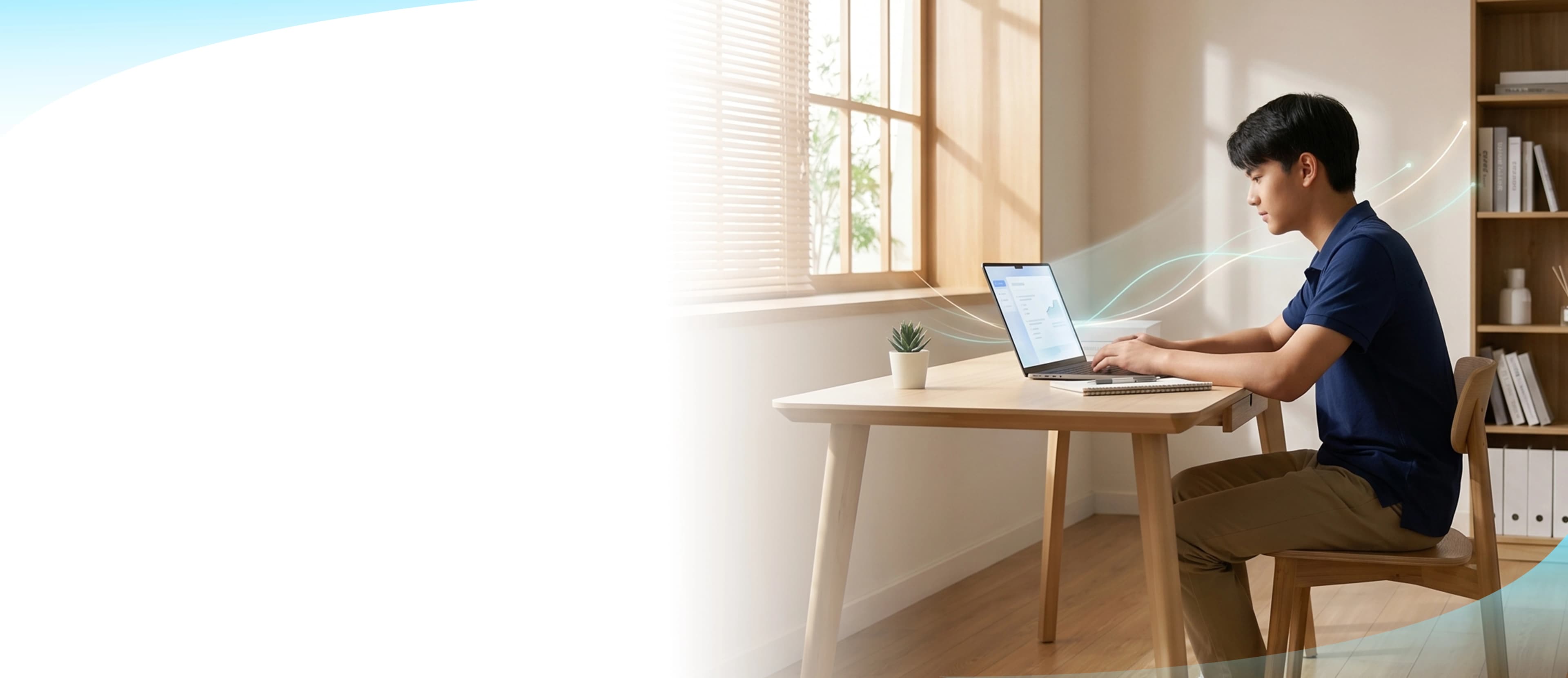 Online ACT student studying with a laptop and textbooks at home with TUTRAIN.