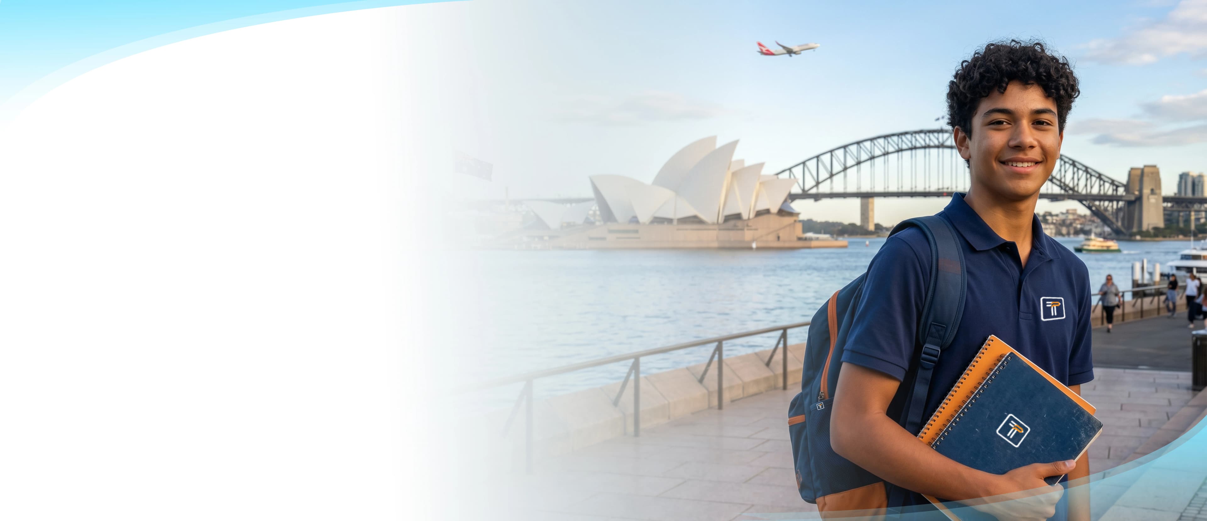Smiling male student holding notebooks standing at Sydney Harbour with the Sydney Opera House and Harbour Bridge in the background, representing online tutoring in Australia.