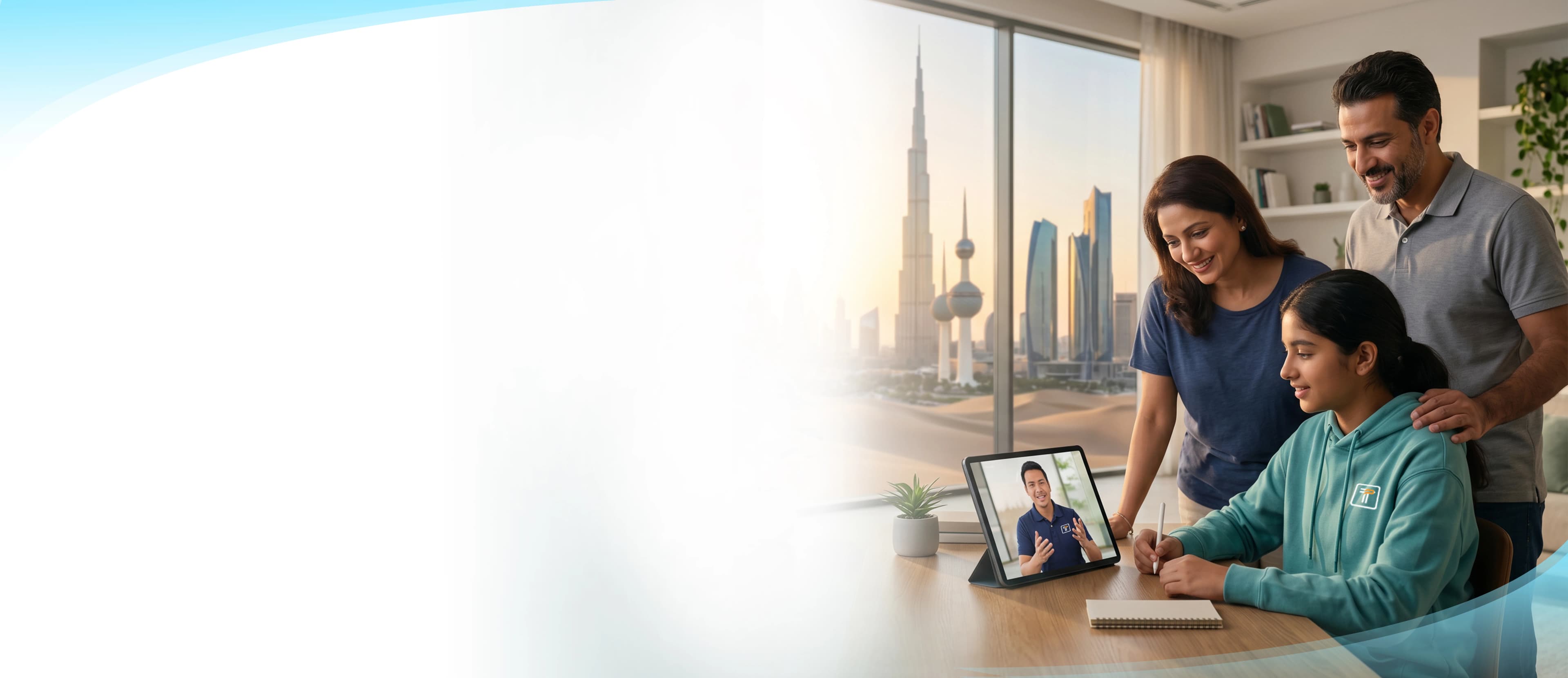 Family in a high-rise apartment with a view of the Dubai skyline participating in a live online tutoring session with a Tutrain educator.
