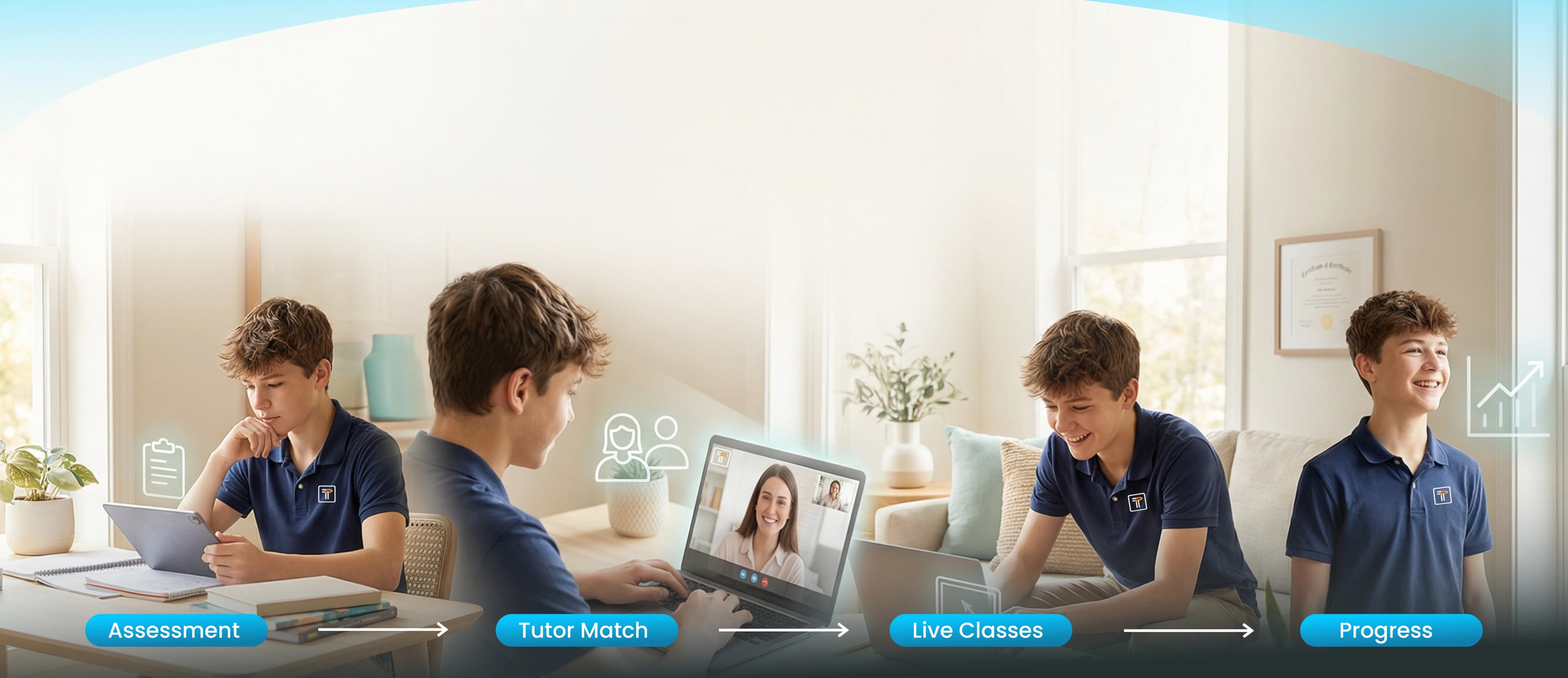 Four stages of the TUTRAIN online learning cycle: Assessment, Tutor Match, Live Classes, and Progress. We make seamless, personalized, and effective learning.