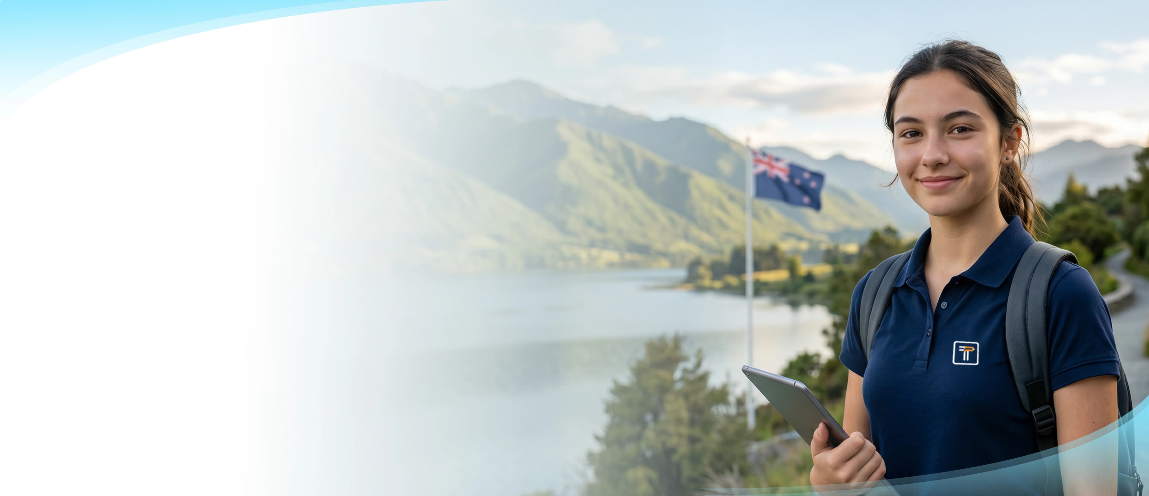 Female student holding a tablet and the New Zealand flag in the background, representing online tutoring for New Zealand students.