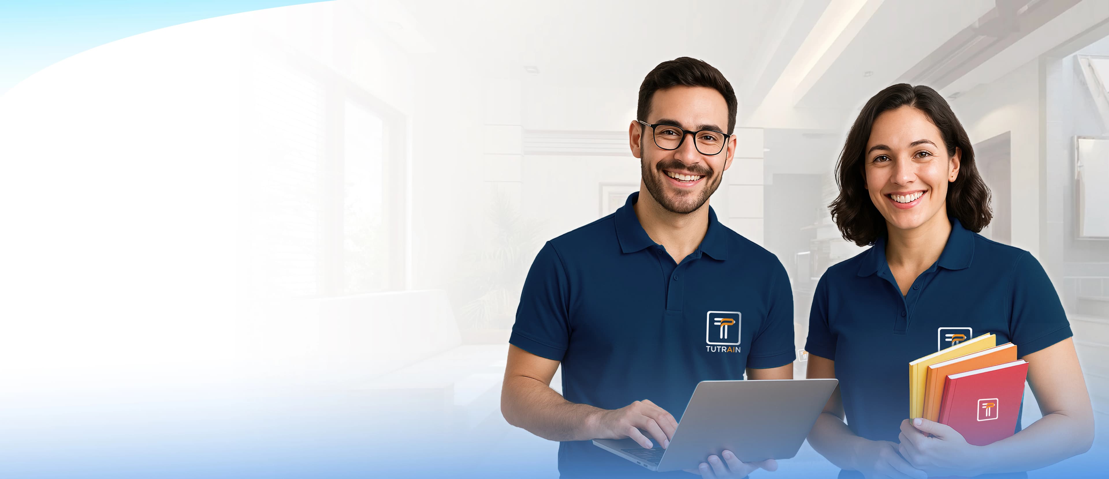 Professional online tutors from Tutrain, who are subject experts and compassionate guides, holding a laptop and books to support your child’s one-on-one learning journey.