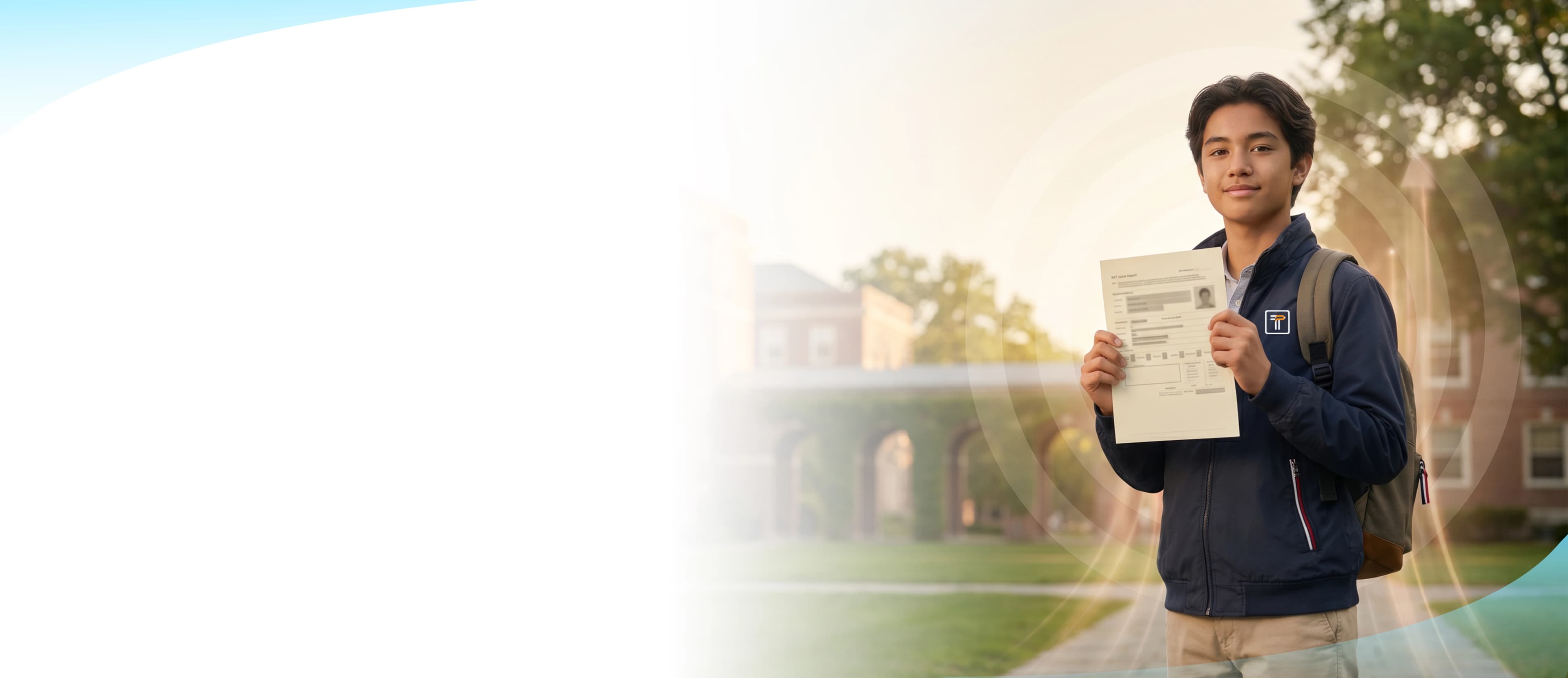 Master the Digital SAT (DSAT) with Tutrain expert tuition: student holding successful test results on campus