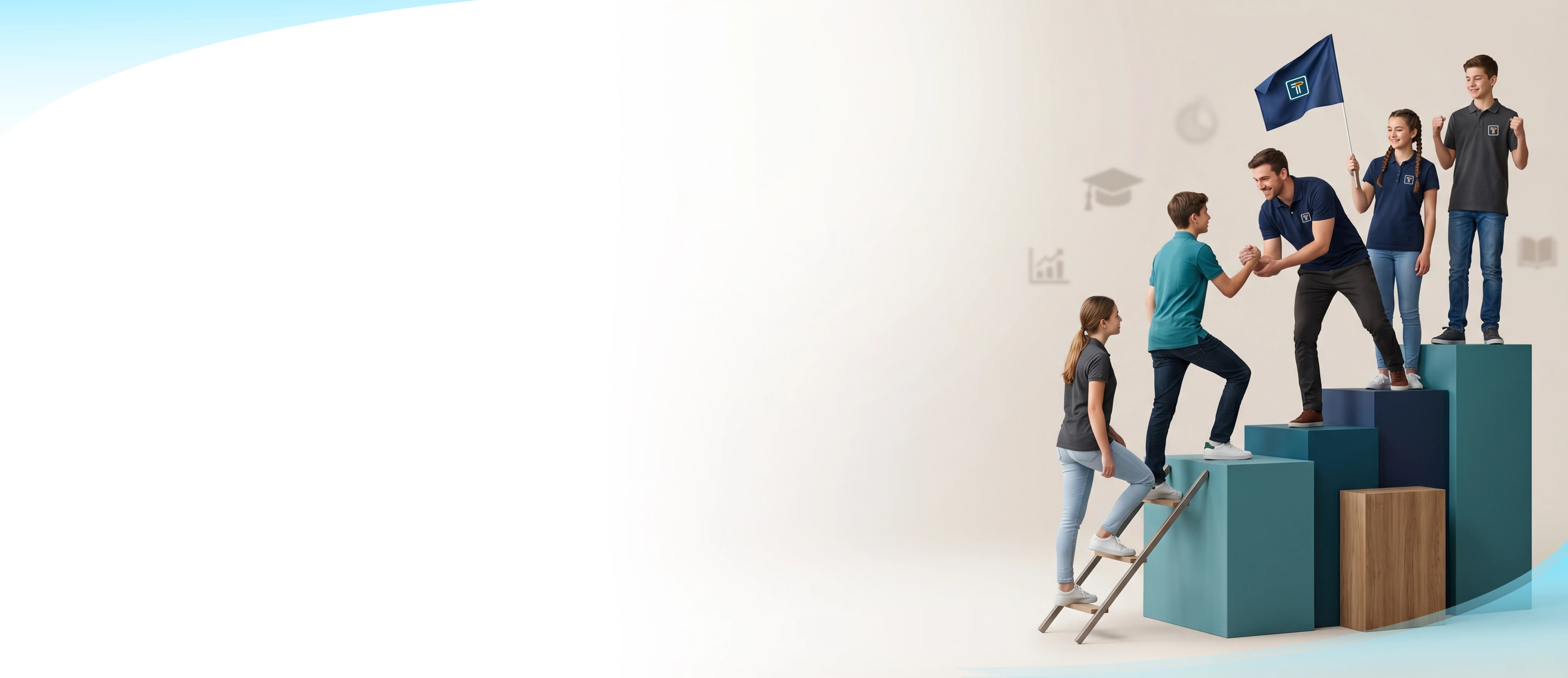 Students climbing a success ladder with the help of a mentor holding a brand flag, symbolizing progress, mentorship, and educational milestones.