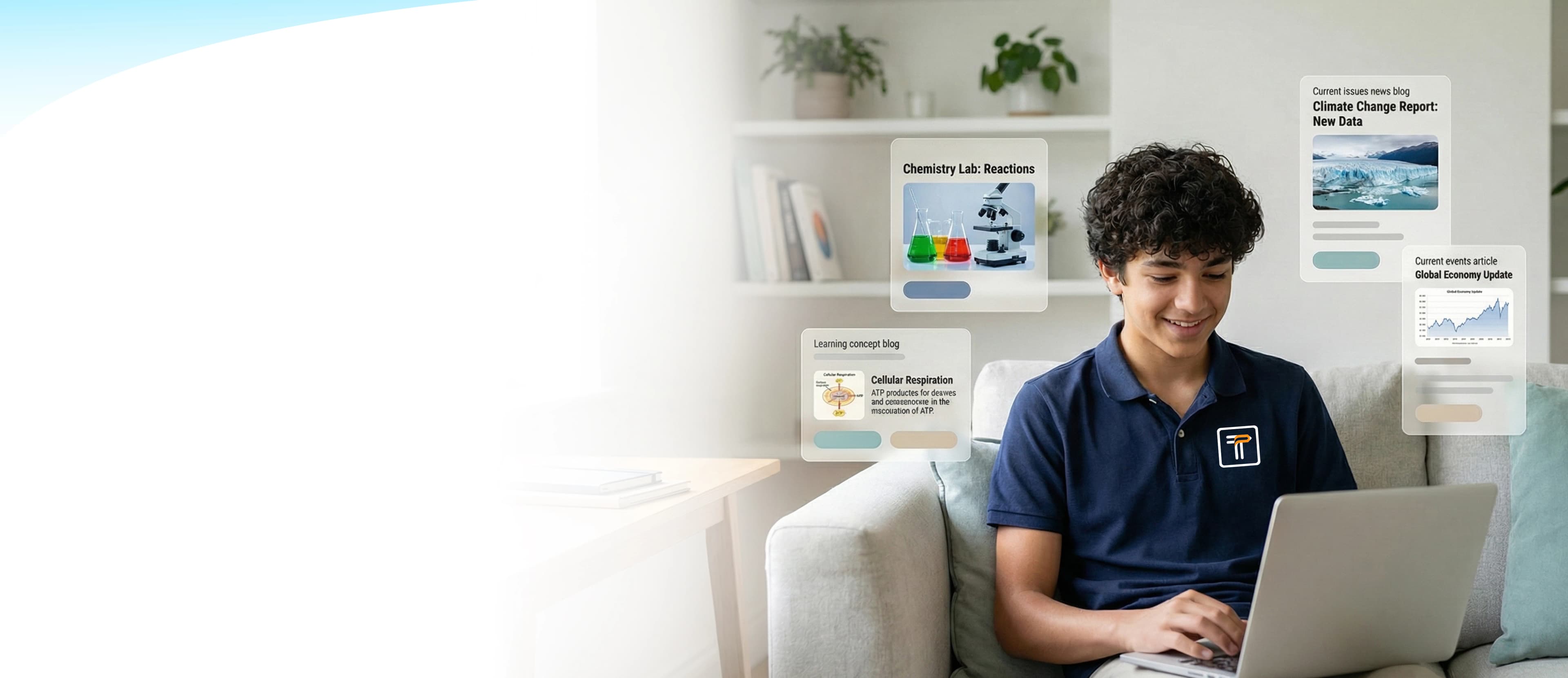 Student smiling while studying online with floating virtual learning with Tutrain 1:1 and small batch.