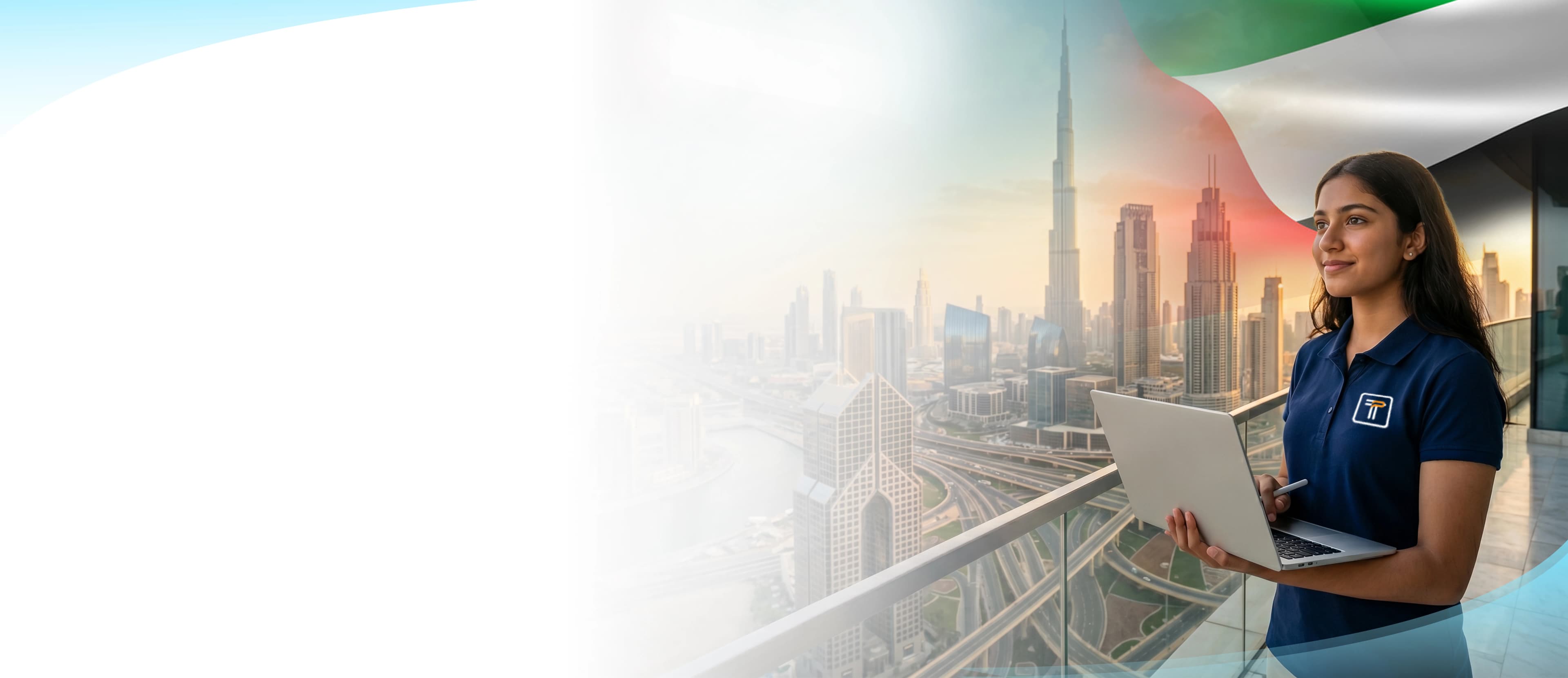 Female student using a laptop with the Dubai skyline, Burj Khalifa, and UAE flag in the background, representing online learning in 1:1 and small batches TUTRAIN.