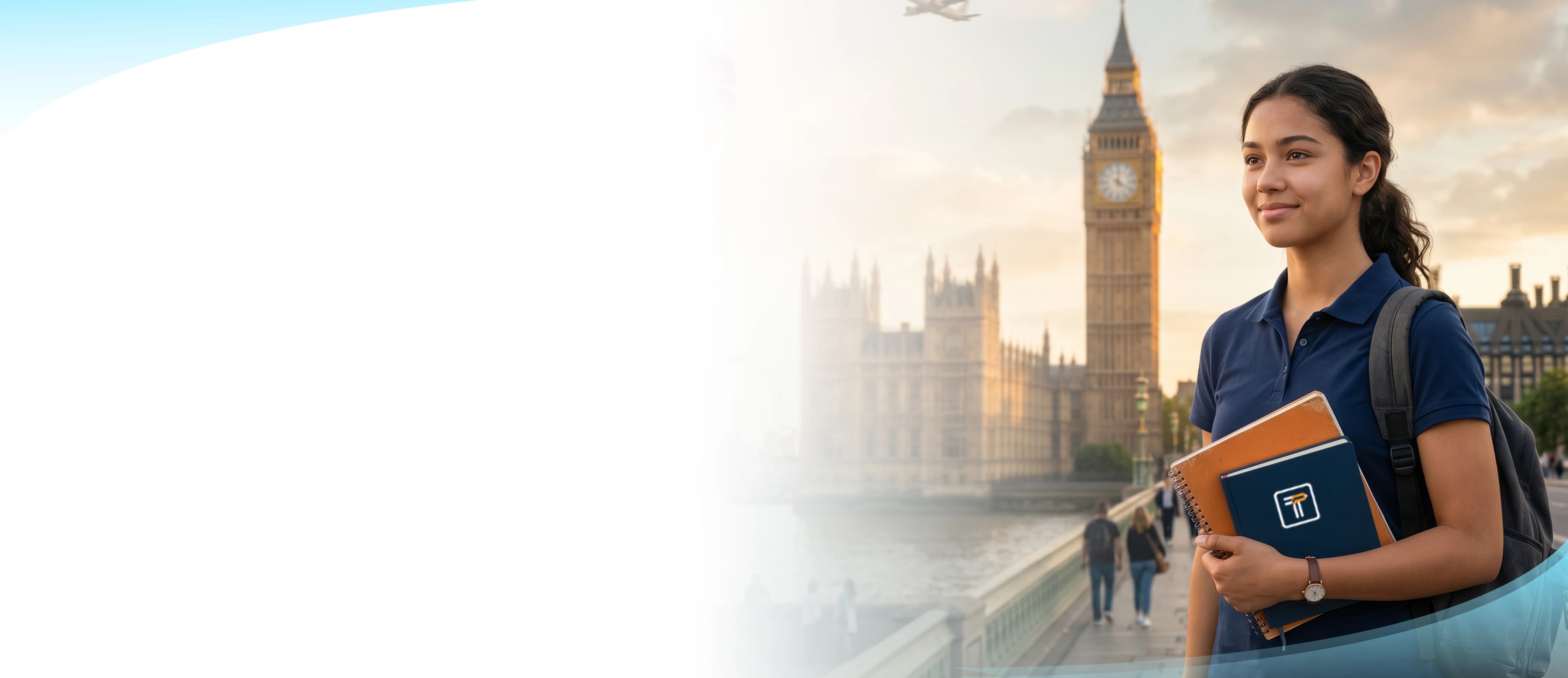 Female student holding notebooks and wearing a backpack standing in front of Big Ben and the London skyline, representing UK education and online tutoring with Tutrain.