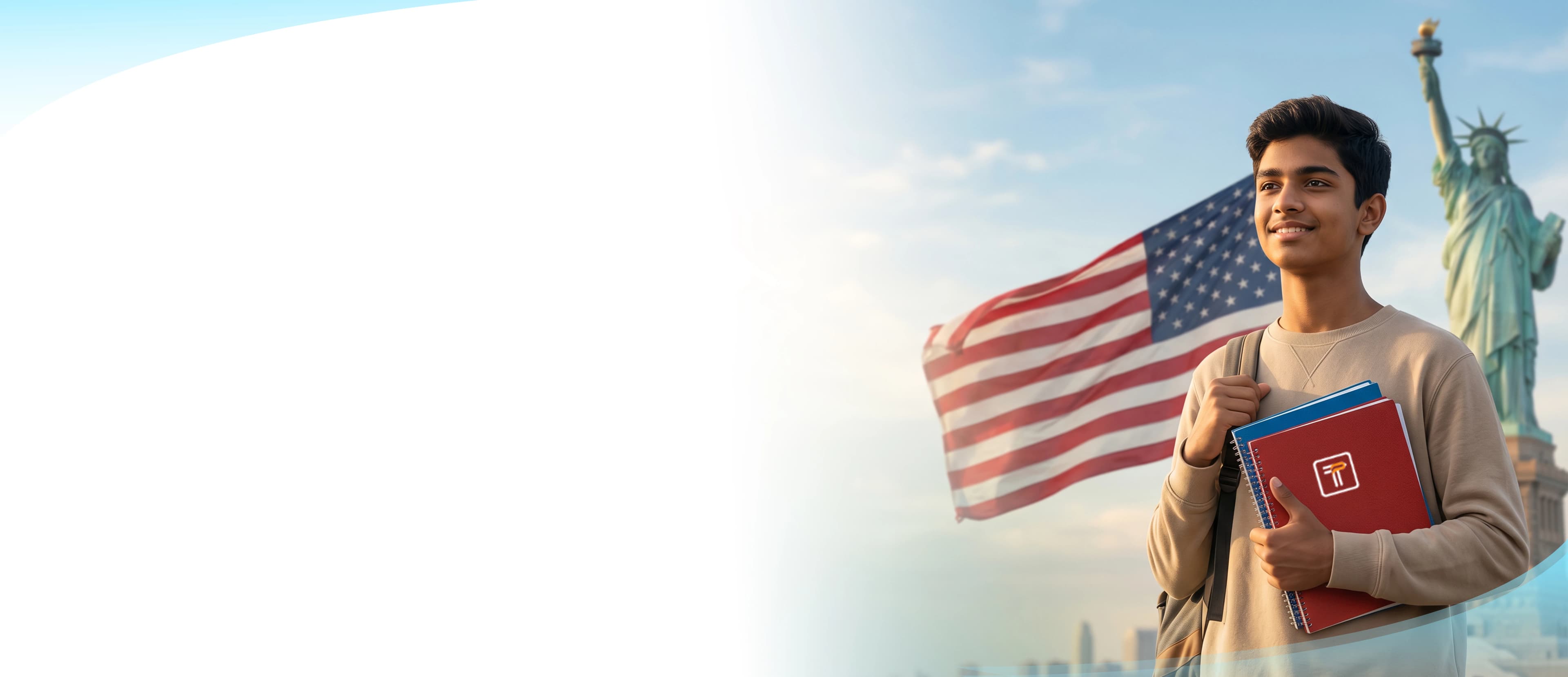 Smiling male student holding books in front of the US flag and Statue of Liberty, Tutrain online tutoring for US schools.